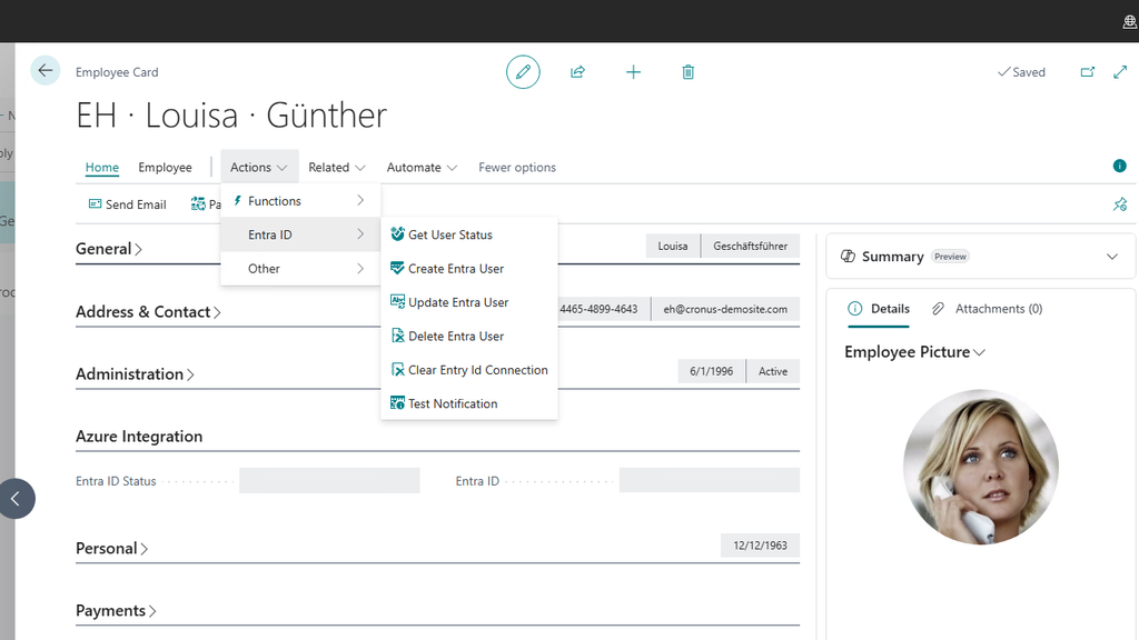Microsoft Azure Integration PMX Synact in Business Central: Mitarbeiterkarte mit Actions-Menü zur Entra-ID-Verwaltung